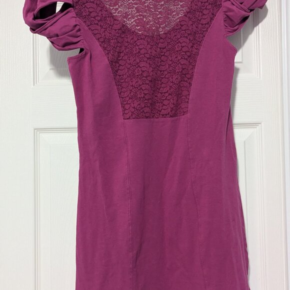 Free People Size Large Magenta Mini Dress Lace Back Puff Sleeve - Picture 3 of 5